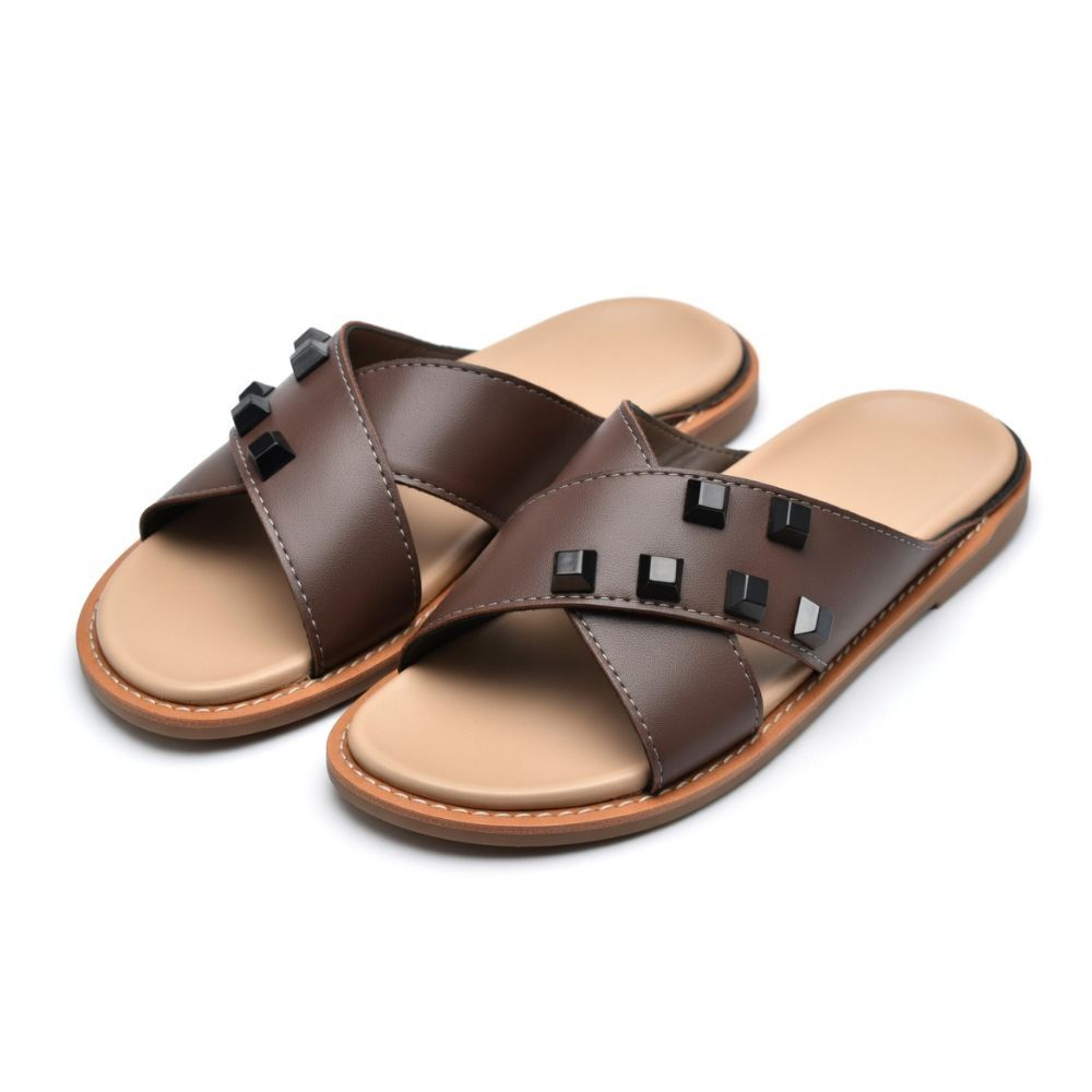 Men Premium Cross Strap Leather Slippers